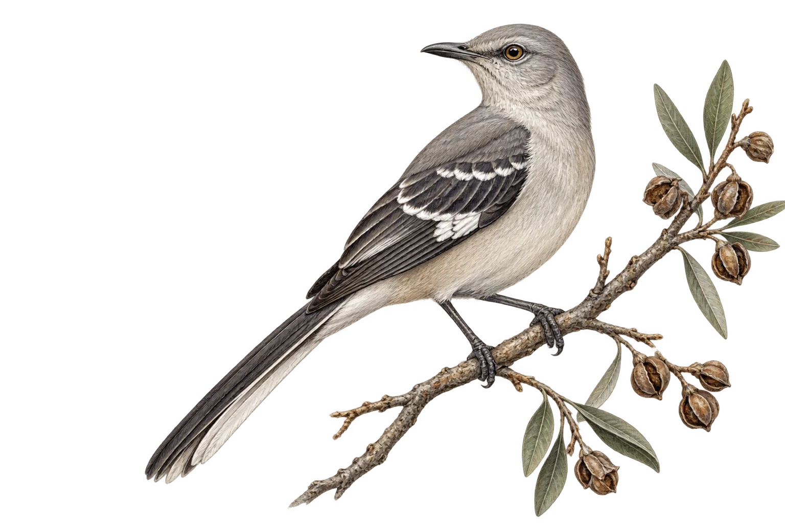 Northern mockingbird on a fruiting branch: gray above, pale below, two white bars on the wing, a long tail.